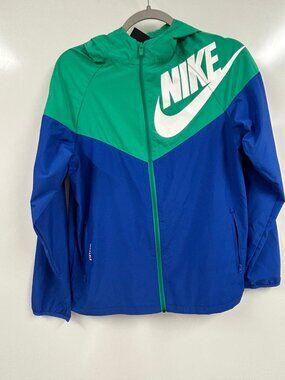 Nike Youth XL Colorblock Windbreaker Jacket Green Blue White Swoosh Hooded Stree